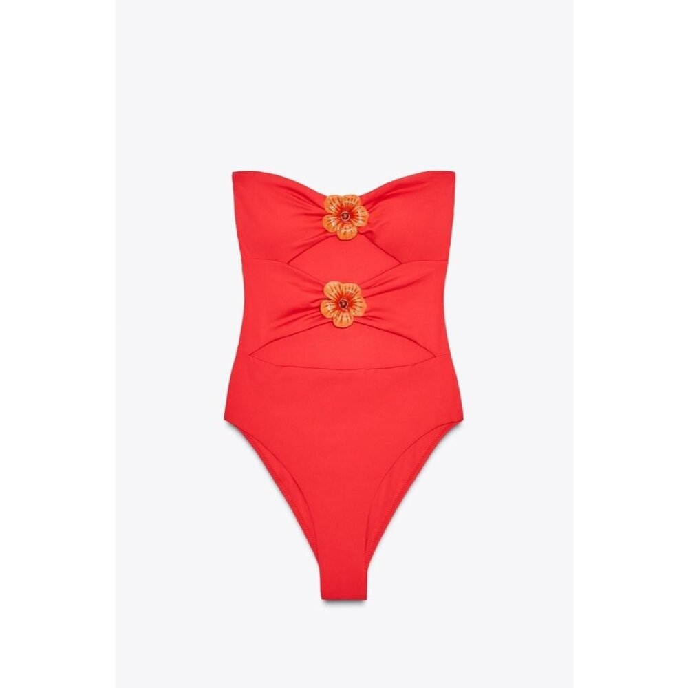 Zara Womens Swimsuit S Orange Cut Out Floral Bandeau Summer Beach 0167/203 NWT - Picture 3 of 13